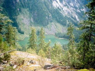 On the trail to the upper lake, looking down at the end of Statlu Lake, Statlu Lake 2001-08.